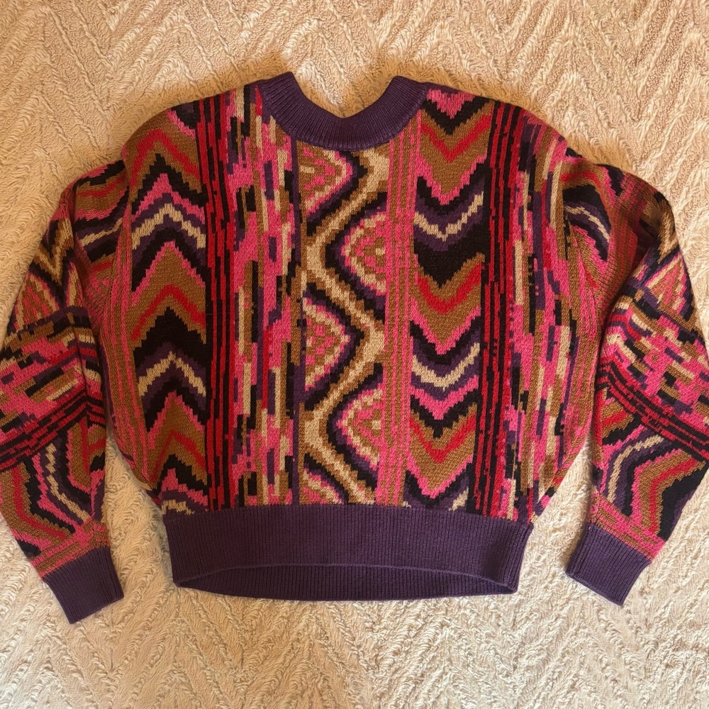 Farm Rio Striped Patchwork Multicolor Zigzag Swea… - image 3